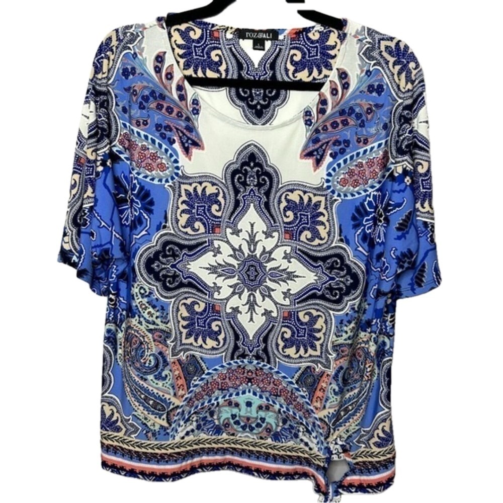 Roz & Ali Short Sleeve Blue Coral White Multi Stretch Blouse Large